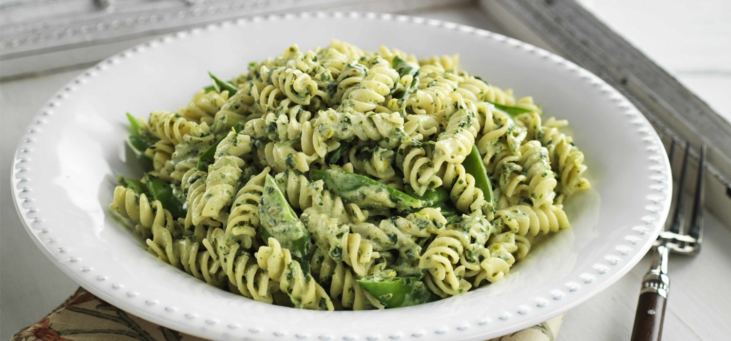 Fusilli with Spinach and Basil Pesto and Snow Peas